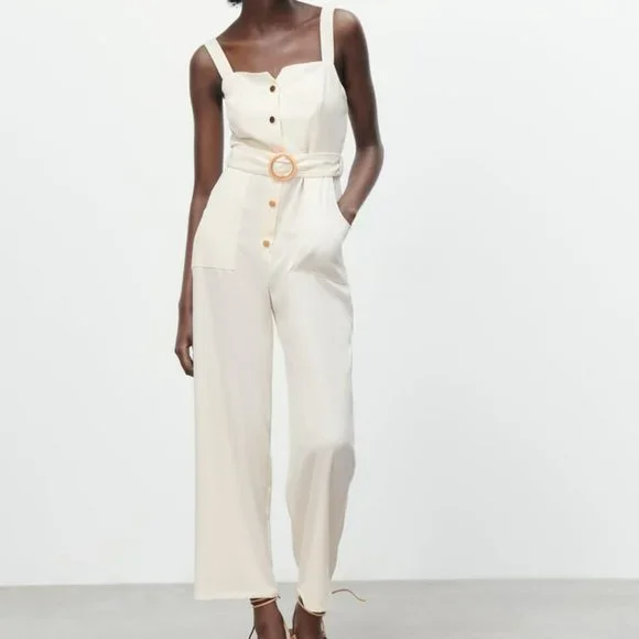 Zara Pants Jumpsuits New Zara Long Belted Jumpsuit Ecru Ref